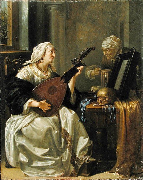 امرأة مع Theorbo ، Vanitas ، حوالي 1660 (زيت على لوح) بواسطة يعقوب داك