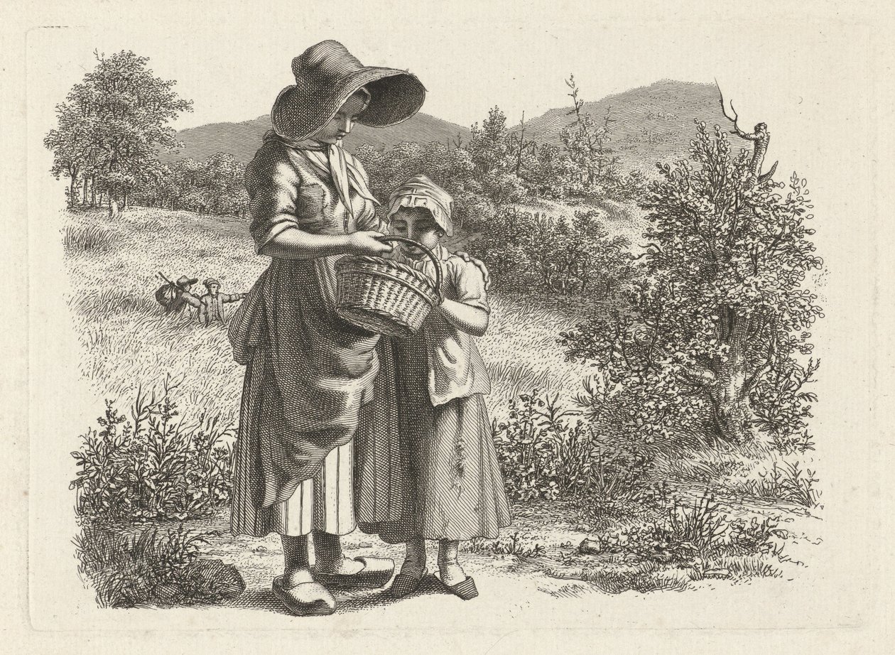 شابة وطفل ينظران في سلة دراسة عمل الطباعة / Etudes Gravées (عنوان السلسلة) بواسطة جاكوب إرنست ماركوس