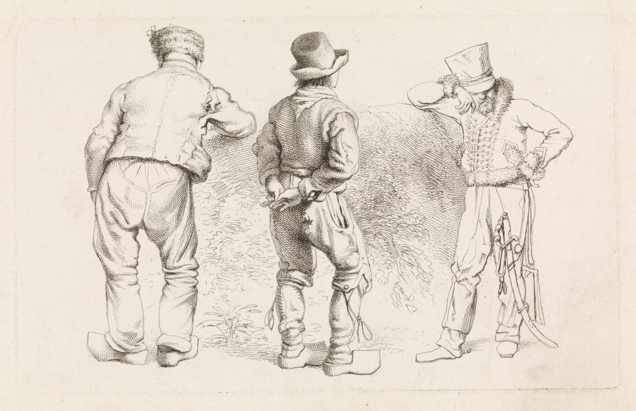 ورقة دراسة بها ثلاث شخصيات واقفة Etudes Gravées (عنوان السلسلة) بواسطة جاكوب إرنست ماركوس