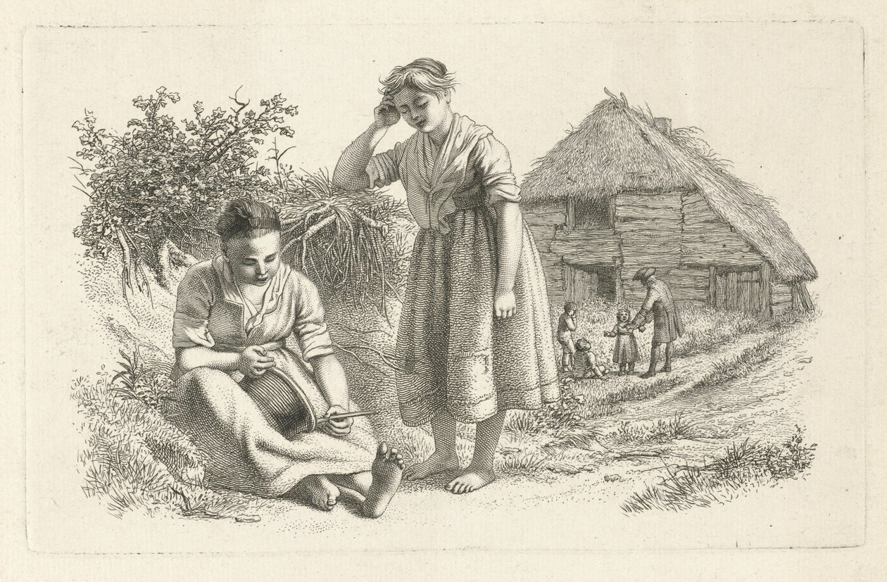 امرأتان ورجل مع أطفال أمام حظيرة دراسة عمل الطباعة / Etudes Gravées (عنوان السلسلة) بواسطة جاكوب إرنست ماركوس