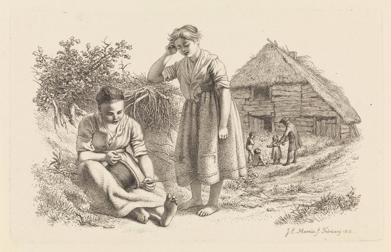 امرأتان ورجل مع أطفال أمام حظيرة دراسة مطبوعة / Etudes Gravées (عنوان السلسلة) بواسطة جاكوب إرنست ماركوس