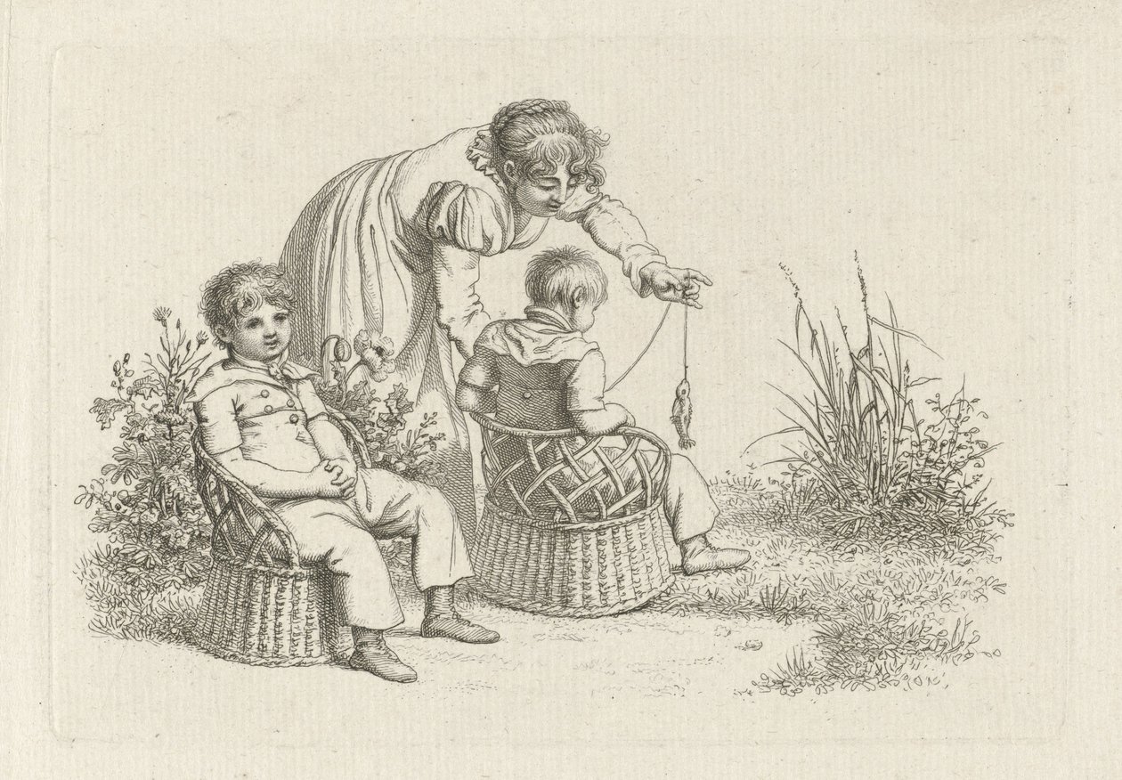 امرأة مع طفلين في الكراسي دراسة عمل الطباعة / Etudes Gravées (عنوان السلسلة) بواسطة جاكوب إرنست ماركوس