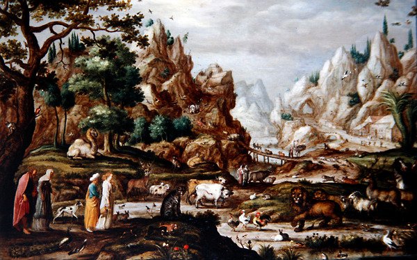 منظر طبيعي صخري مع نوح والحيوانات (زيت على لوح) بواسطة يعقوب الثاني (دائرة) Savery