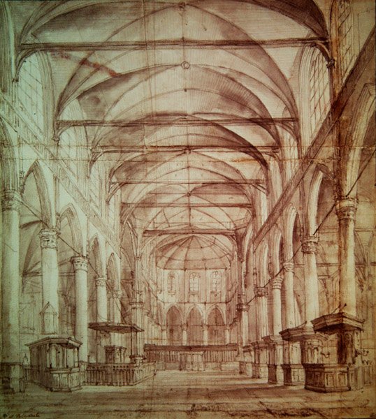 منظر داخلي لـ Oude Kerk (الكنيسة القديمة) في أمستردام (الجرافيت والحبر الهندي على الورق) بواسطة جاكوب فان روزديل