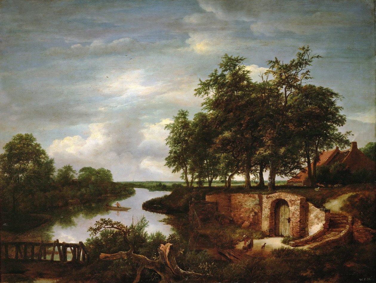 منظر طبيعي للنهر مع مدخل قبو - جاكوب إيزاكس فان رويسدايل (1628 / 29-1682). زيت على خشب بواسطة جاكوب فان روزديل