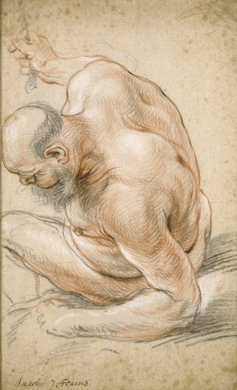 رجل عجوز عاري جالس ، متكئًا على ساعده ، يواجه اليسار ، c.1640 بواسطة يعقوب جوردان