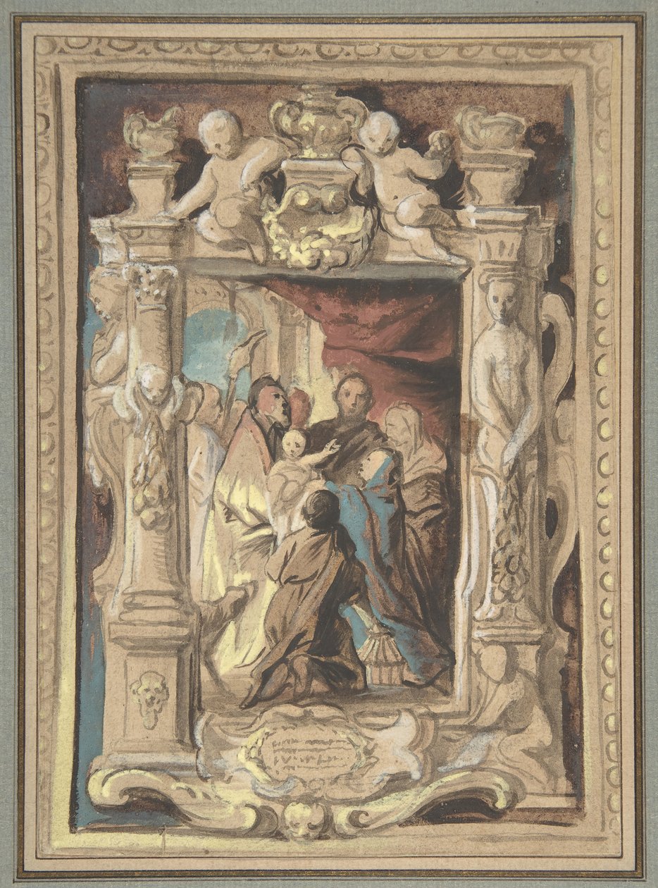 العرض التقديمي في الهيكل ، مع تصميم لإطار منحوت ، كاليفورنيا. 1630-1635. بواسطة يعقوب جوردان