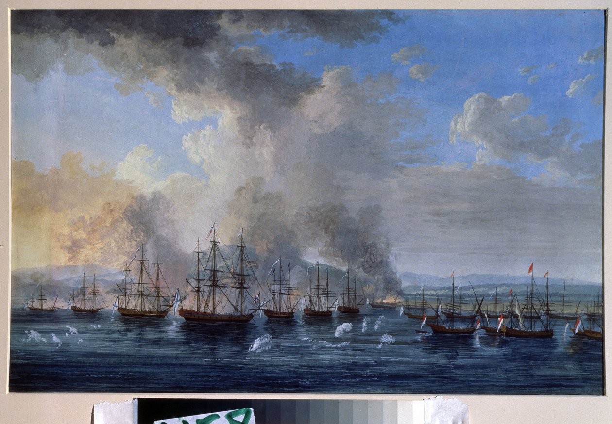 الحرب الروسية العثمانية: "معركة دمياط البحرية عام 1770" (معركة دمياط البحرية عام 1770) عارضت أساطيل روسيا كاترين الثانية والإمبراطورية العثمانية (ثورة أورلوف أو بعثة الأخوين أورلوف). طلاء بواسطة جاكوب فيليب هاكيرت