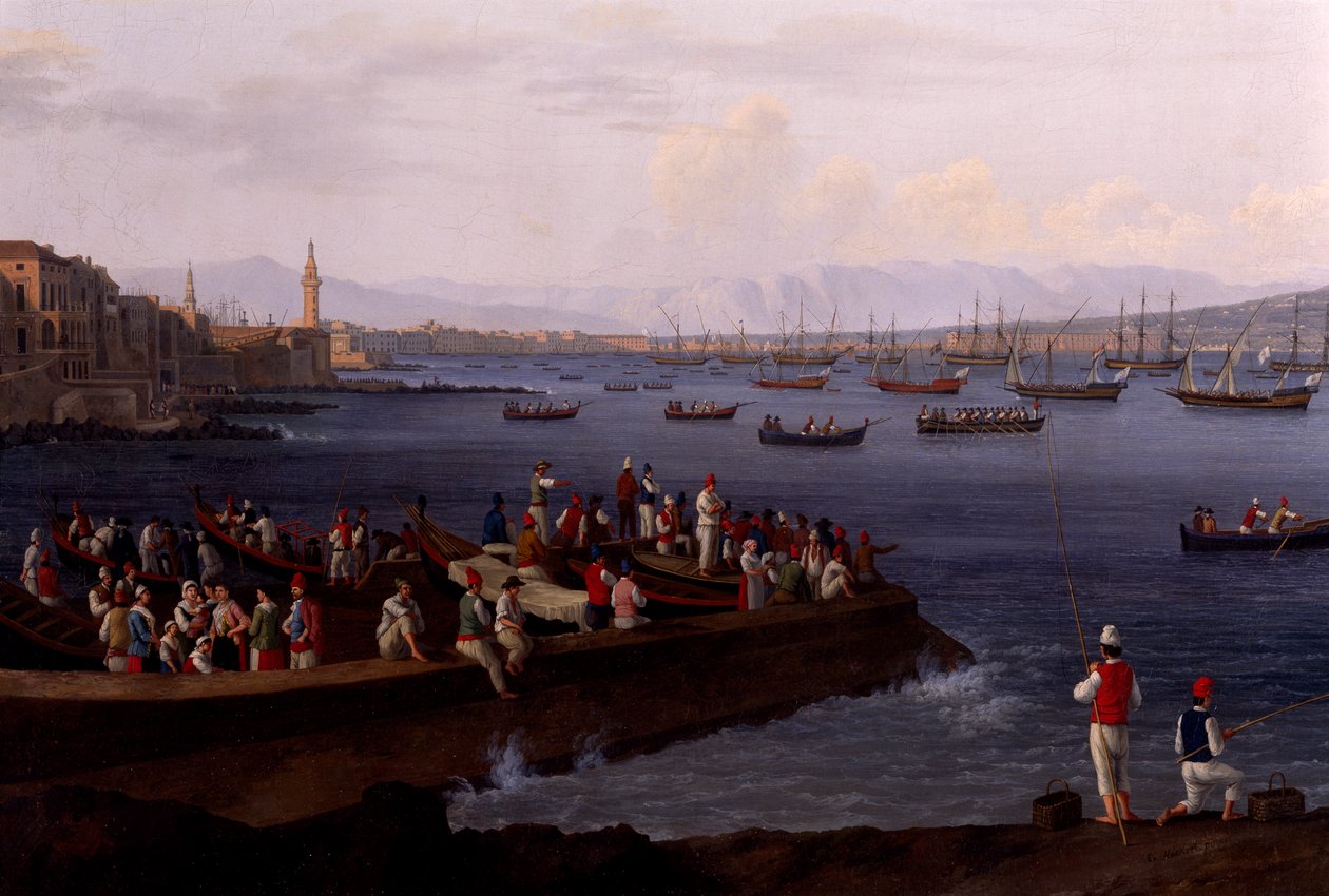 The Bay of Naples near Santa Lucia Showing the Naval Fleets Returning from Algiers بواسطة جاكوب فيليب هاكيرت