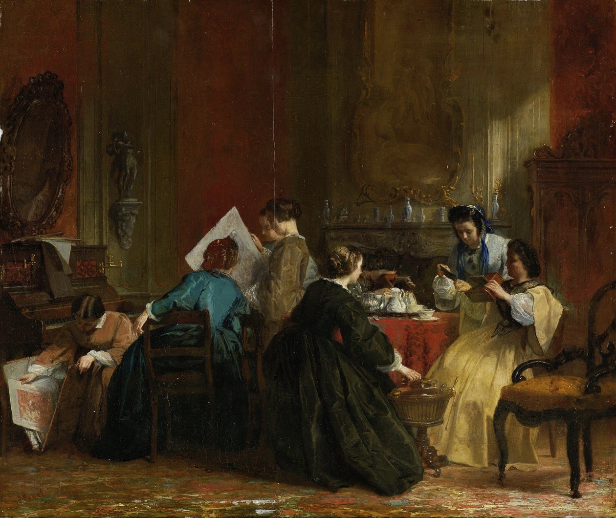 مجموعة من النساء اللائي يبحثن في الصور المجسمة ، حوالي 1868 (زيت على لوح) بواسطة يعقوب سبويل