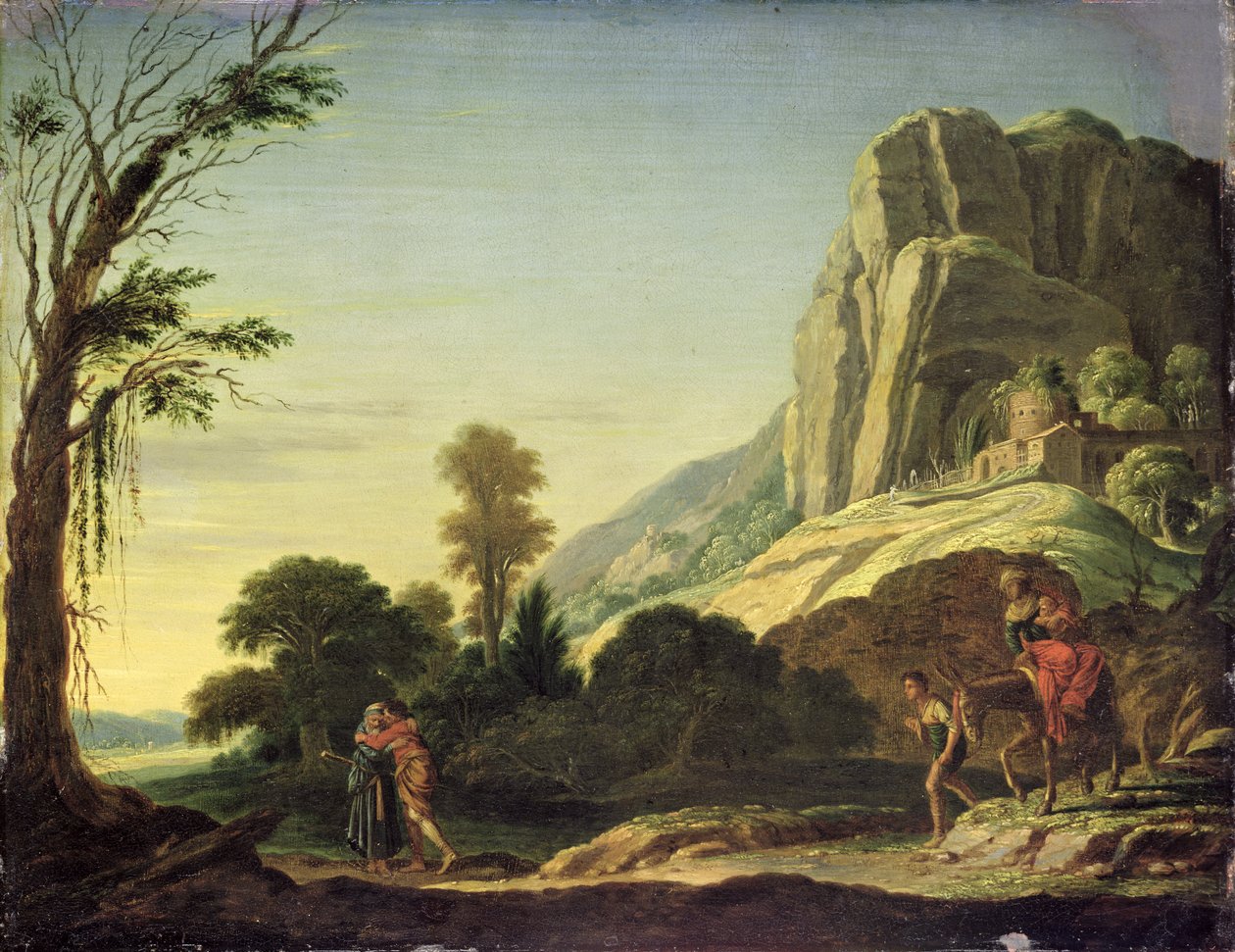 منظر طبيعي مع لقاء موسى وهارون على جبل حوريب ، 1626 أو 1620 (زيت على النحاس) بواسطة يعقوب سيمونز بيناس أو بيناس