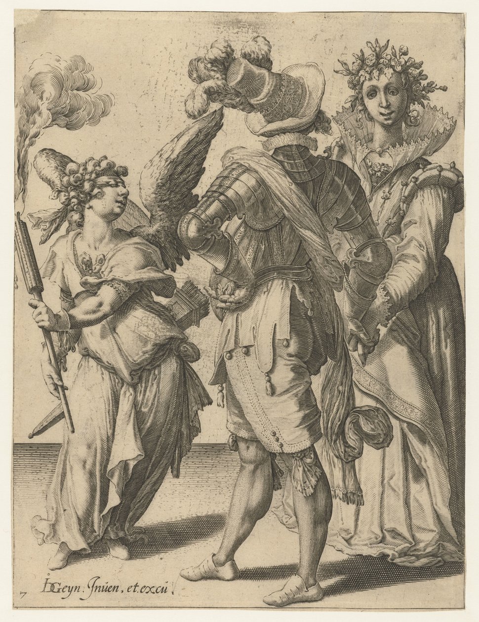 كيوبيد معصوب العينين يحمل شعلة أمام زوجين بزي احتفالي The Masquerades (عنوان المسلسل) بواسطة جاكوب دي غين (الثاني) (ورشة عمل)