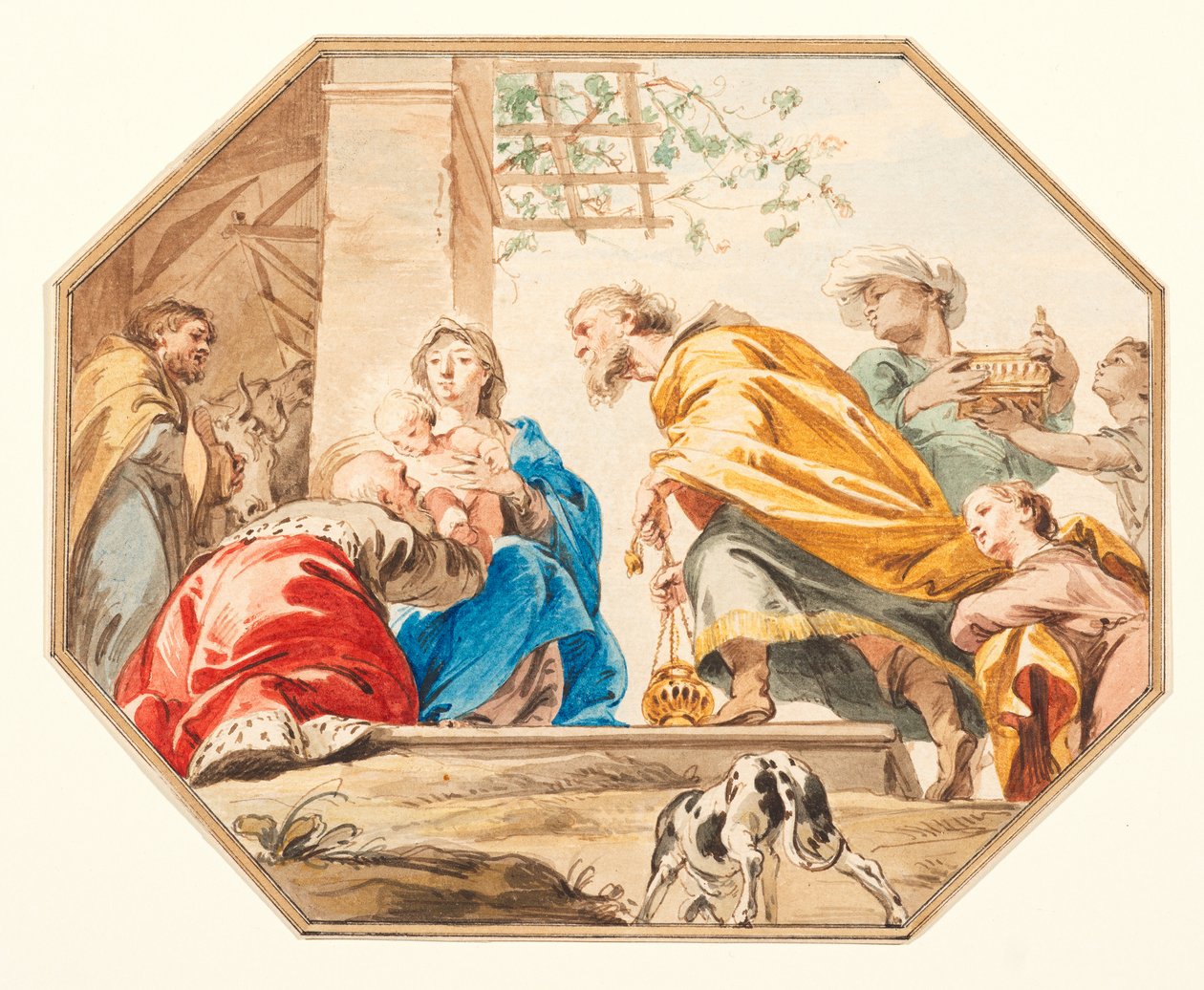 عبادة المجوس، حوالي 1751 (جرافيت، قلم وحبر بني، ألوان مائية على ورق ممدود، مقطعة إلى شكل مثمن، بالحبر البني وحدود مغسولة) بواسطة يعقوب دي فيت