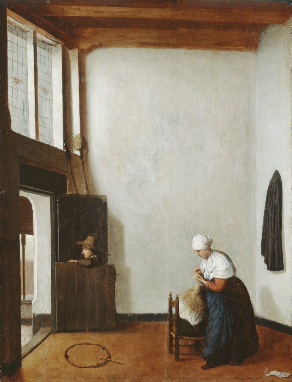 الداخلية مع امرأة تمشيط شعر الفتيات الصغيرات ، c.1662 (زيت على لوحة البلوط) بواسطة Jacobus Vrel أو Frel