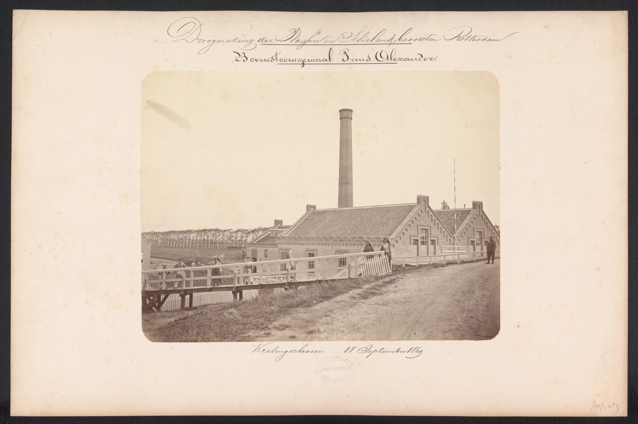 محطة ضخ البخار العلوية Prins Alexander / Kralingscheveer 18 سبتمبر 1869 (العنوان على الجسم) تصريف البلاسن في Schieland شرق روتردام (عنوان السلسلة على الكائن) بواسطة جاكوبوس فان جوركوم جونيور