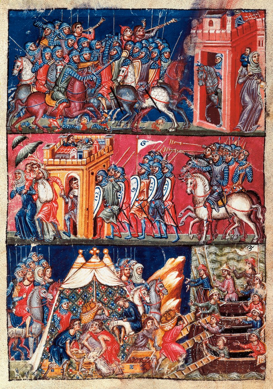 أول نهب من طروادة. منمنمة مرسومة من Historia destructionis Troiae بواسطة جيمس كرومبرجر