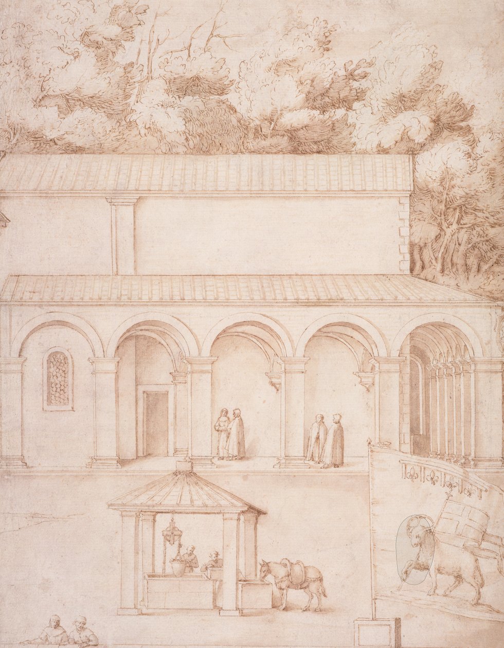 PD.54-1997 منظر لدير لا فيرنا ، الفناء والبئر ، c.1607-12 (يغسل ، قلم جاف وحبر على ورق) بواسطة جاكوبو ليغوزي