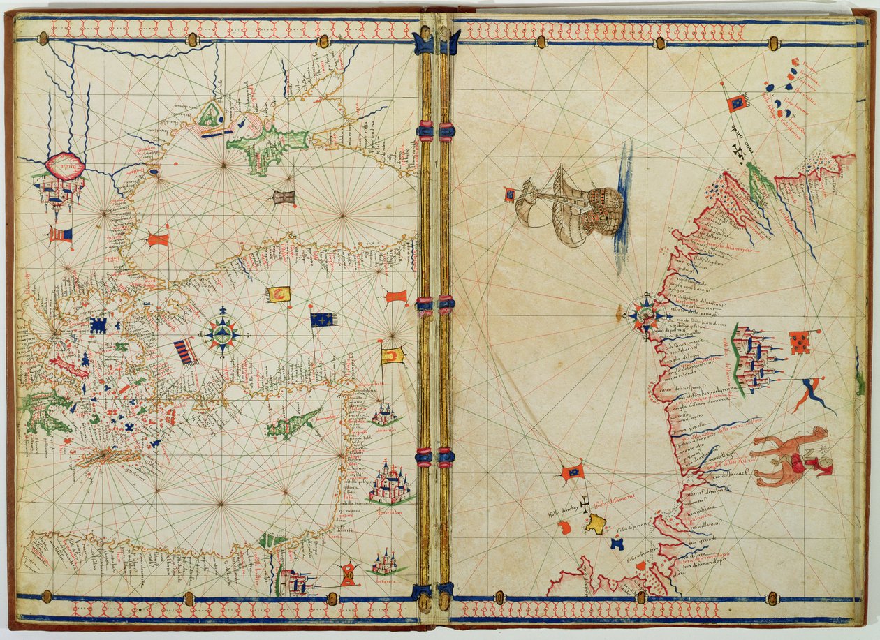 Ms Ital 550.0.3.15 fol.4v-5r خريطة ساحل وجزر شرق البحر الأبيض المتوسط ، من "Carte Geografiche" (الرق) بواسطة جاكوبو روسو