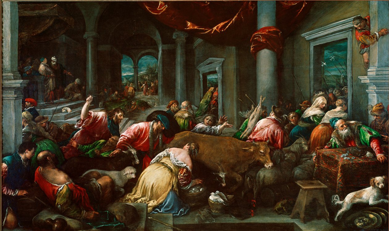 The purification of the Temple or “” Christ chasing merchants from the Temple”” Painting by Jacopo Da Ponte dit Jacopo Bassano (1517 circa-1592) Sun. 160x265 cm London, National Gallery بواسطة جاكوبو باسانو