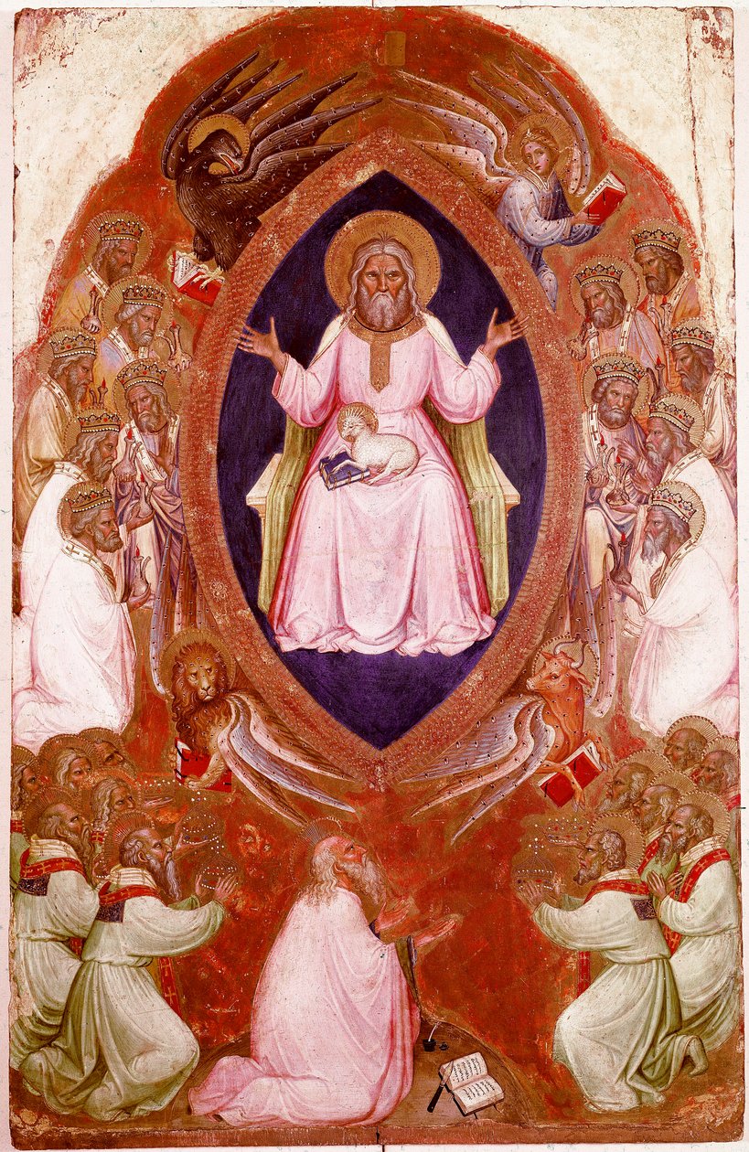 اللوحة المركزية لـ Polyptych of Revelation: رؤية القديس يوحنا الإنجيلي. Detrempe على الخشب لجاكوبيلو ألبيرجنو (1367-1397 تقريبًا) 1360-1390. جاليري ديل أكاديميا ، البندقية بواسطة جاكوبو ألبيرنيو