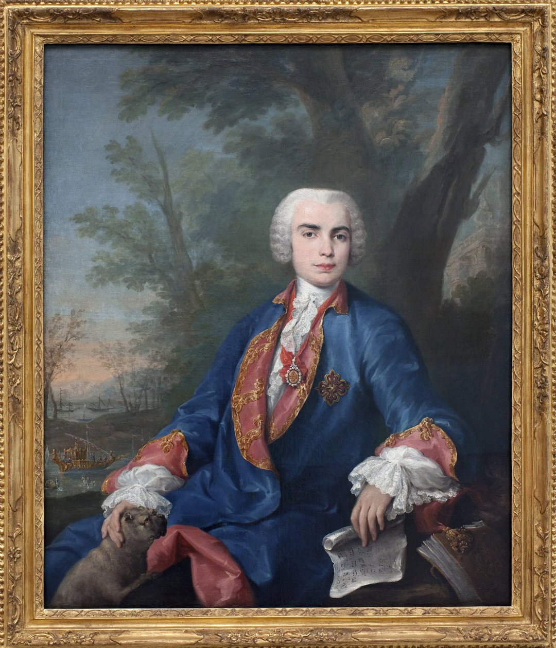 خصي السوبرانو كارلو بروشي ، ودعا Farinelli (1705-1782). يحمل المغني ميدالية رتبة كالاترافا ، على النتيجة التي يحملها في يده ، بعض مقاييس أوبرا زنوبيا لجايتانو لاتيليا. لوحة جاكوبو أميجوني (1682-1752) ، زيت على بواسطة جاكوبو أميجوني