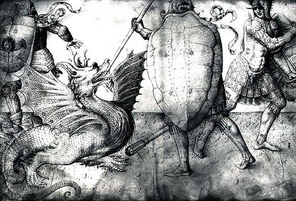 محاربون يقاتلون تنينًا ، c 1450 (حبر على الرق) بواسطة جاكوبو بيليني