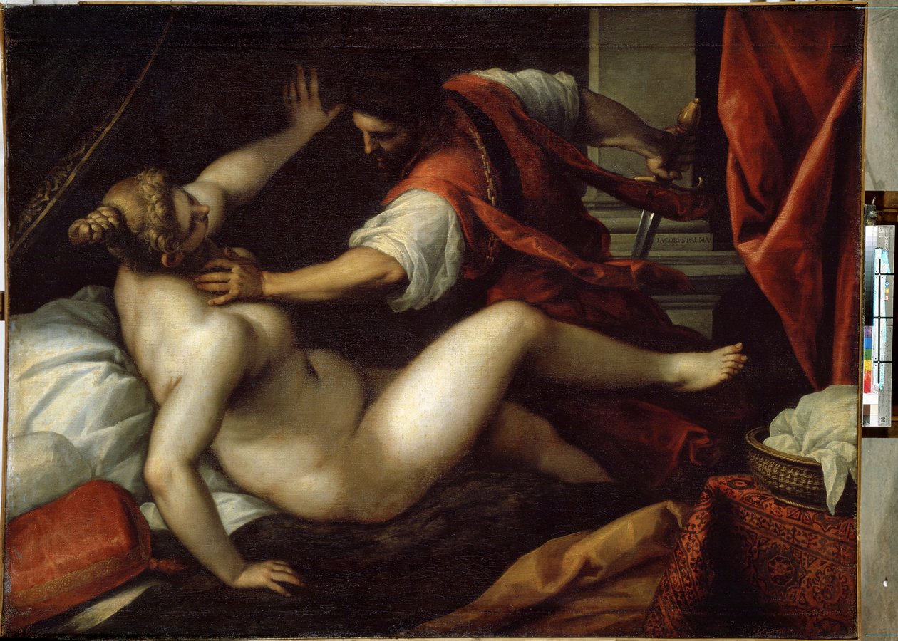 Tarquin و Lucretia (Tarquinius و Lucretia). اغتصب Sextus Tarquinius Lucretius ، وهو حدث كان من شأنه أن يؤدي إلى سقوط النظام الملكي وبداية الجمهورية في روما القديمة ، في عام 509 قبل الميلاد. لوحة جاكوبو بالما إل جيوفاني (الشاب بواسطة جاكوبو إل جيوفاني بالما
