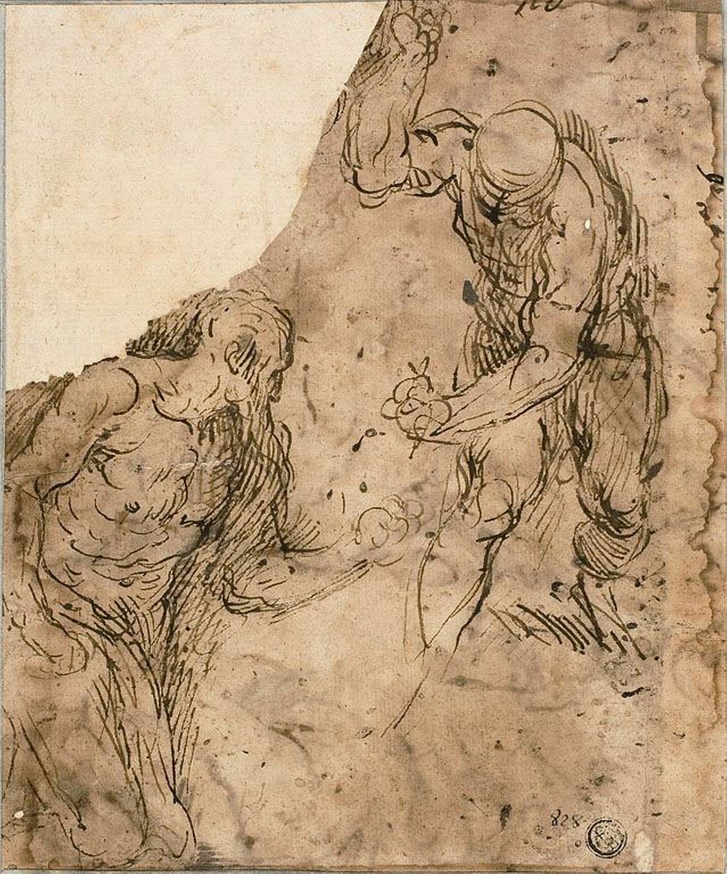 رسمان عاريان ، أحدهما راكع ، وواحد قائم (وجه) ؛ ثلاثة اسكتشات: رجل جالس عاري ، مستلق عاري ذكر ، رأس ذكر في ملف شخصي (ضد erso) بواسطة جاكوبو بالما إل جيوفاني