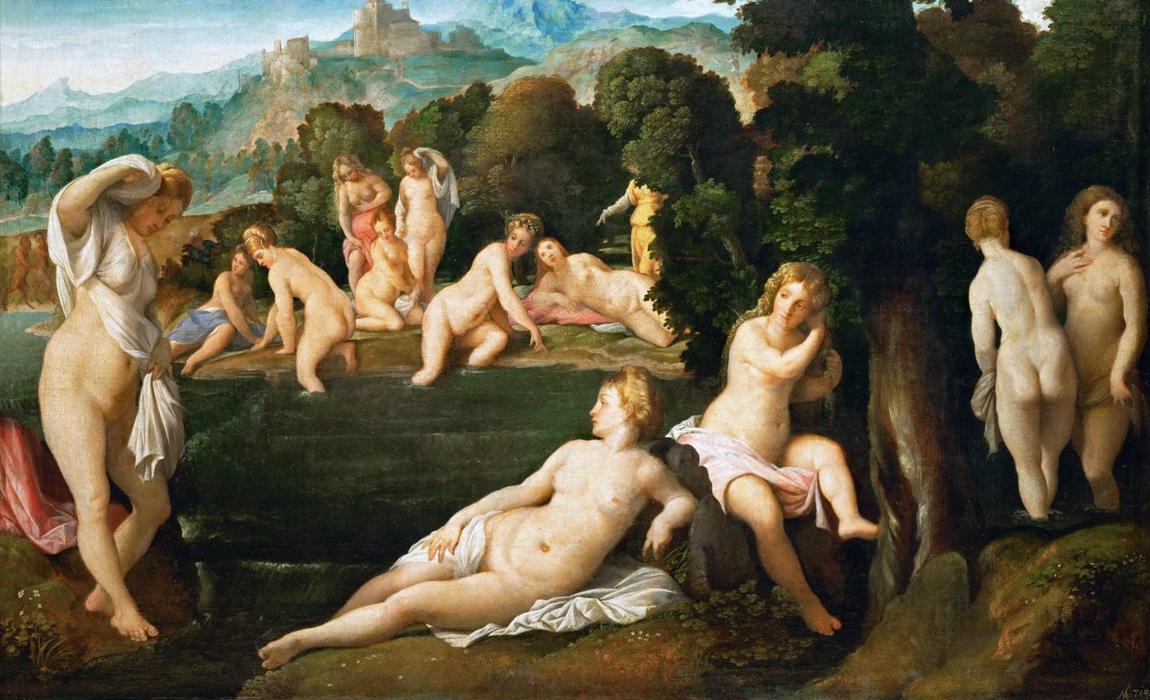 الاستحمام الحوريات ، حوالي 1528 بواسطة Jacopo Palma il Vecchio الأكبر