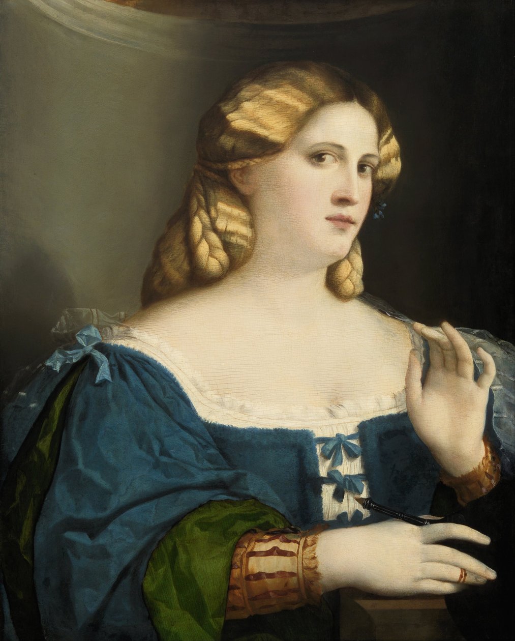 امرأة شابة في ثوب أزرق ، مع مروحة ، 1512-1514 بواسطة Jacopo Palma il Vecchio الأكبر