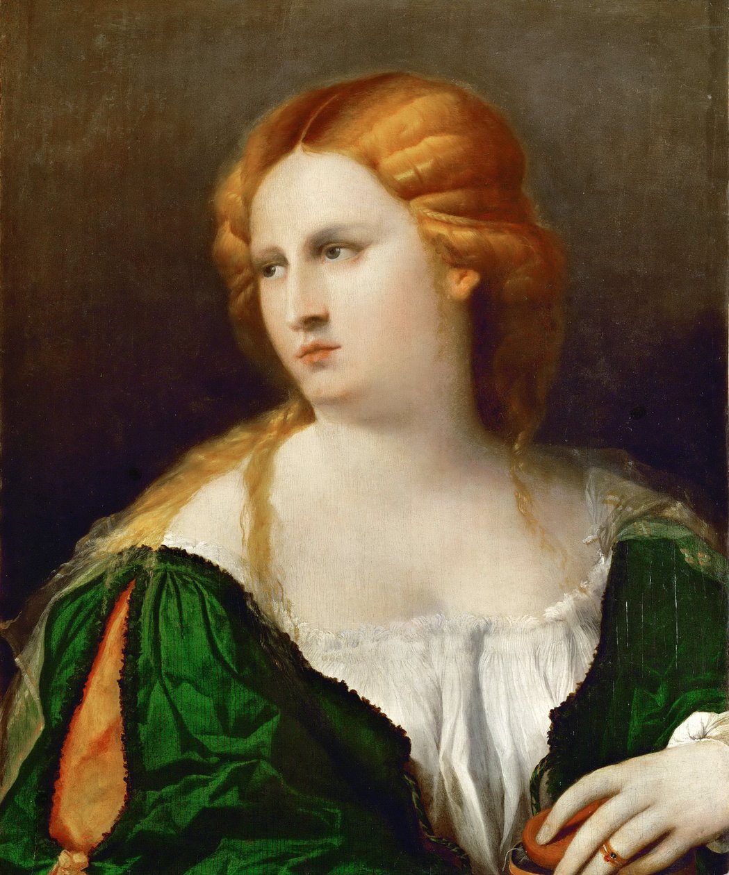 امرأة شابة في ثوب أخضر ، صندوق في يدها ، حوالي 1514 بواسطة Jacopo Palma il Vecchio الأكبر