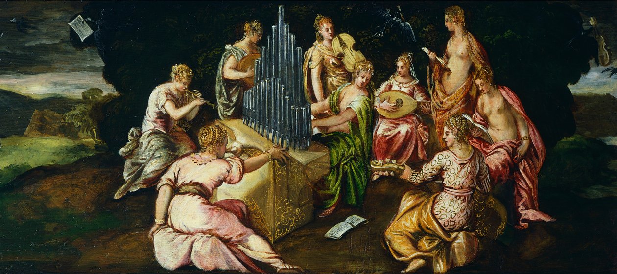 مسابقة بين Muses و Pierides ، بواسطة Jacopo Robusti المعروف باسم Tintoretto (1519-1594) ، زيت على لوح ، 46x91 سم بواسطة جاكوبو روبوستي تينتوريتو