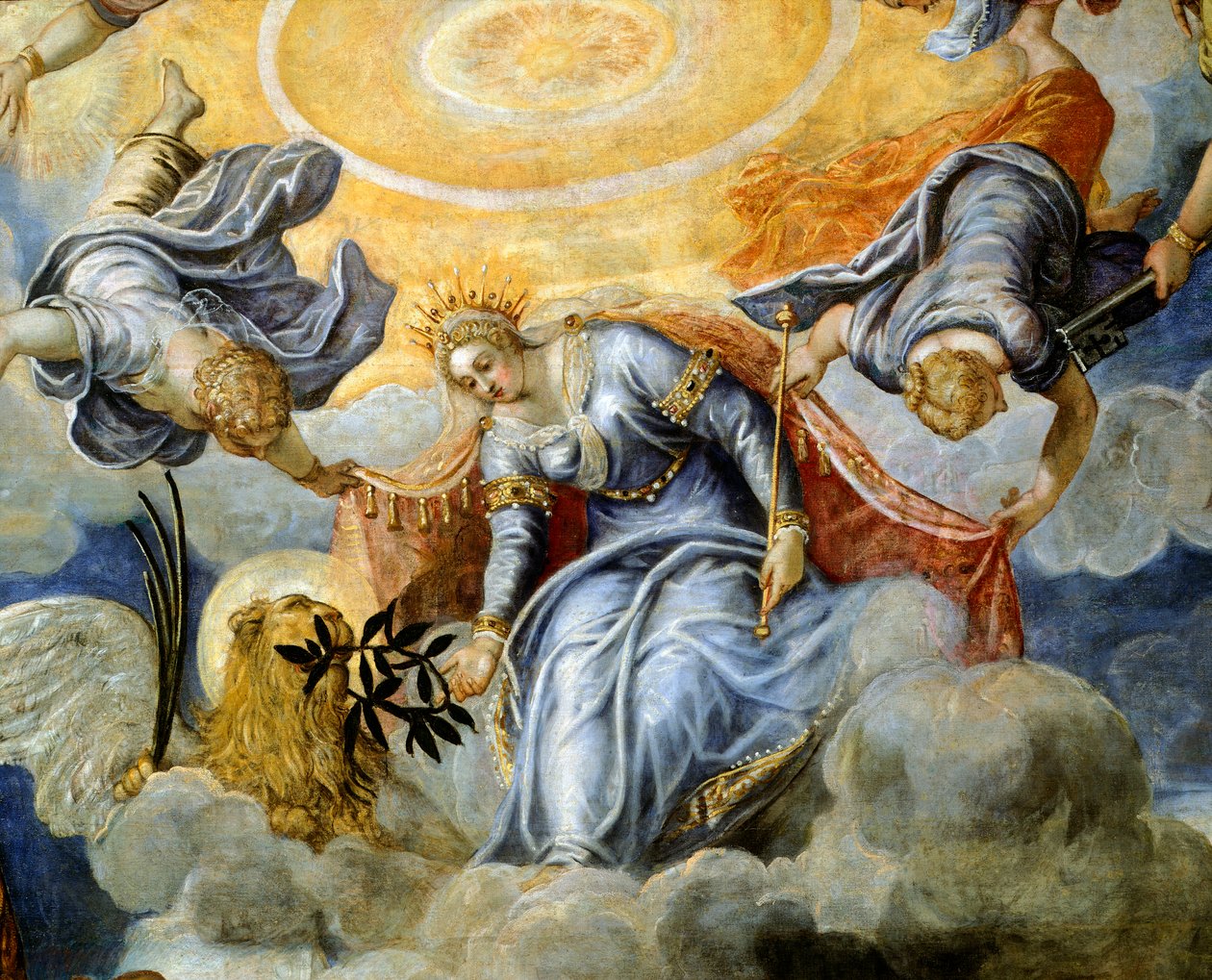 Doge Niccolo da Ponte يتلقى غصن الزيتون من البندقية ، بواسطة Jacopo Robusti المعروف باسم Tintoretto (1518-1594) ، التفاصيل ، Sala del Maggior Consiglio (Hall of Great Council) ، Palazzo Ducale ، البندقية بواسطة جاكوبو روبوستي تينتوريتو