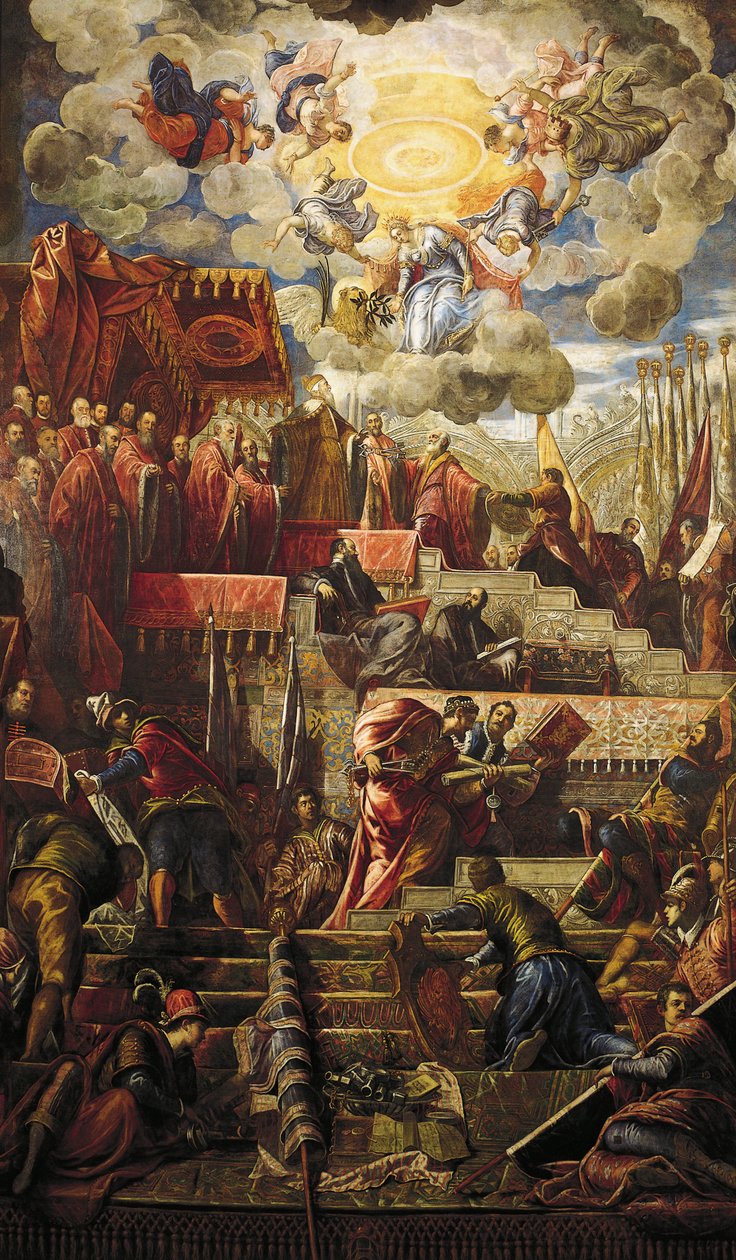 يتلقى Doge Niccolo da Ponte غصن الزيتون من البندقية ، Jacopo Robusti المعروف باسم Tintoretto (1518-1594) ، التفاصيل ، Sala del Maggior Consiglio (Hall of the Great Council) ، Palazzo Ducale ، البندقية بواسطة جاكوبو روبوستي تينتوريتو