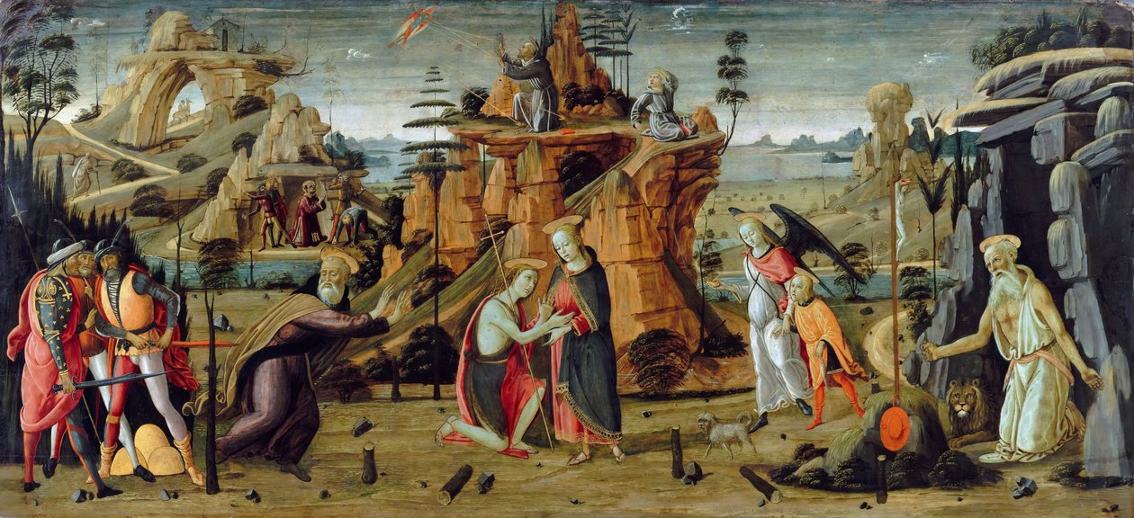 المناظر الطبيعية مع مشاهد الكتاب المقدس وأساطير القديسين بواسطة Jacopo del Sellaio