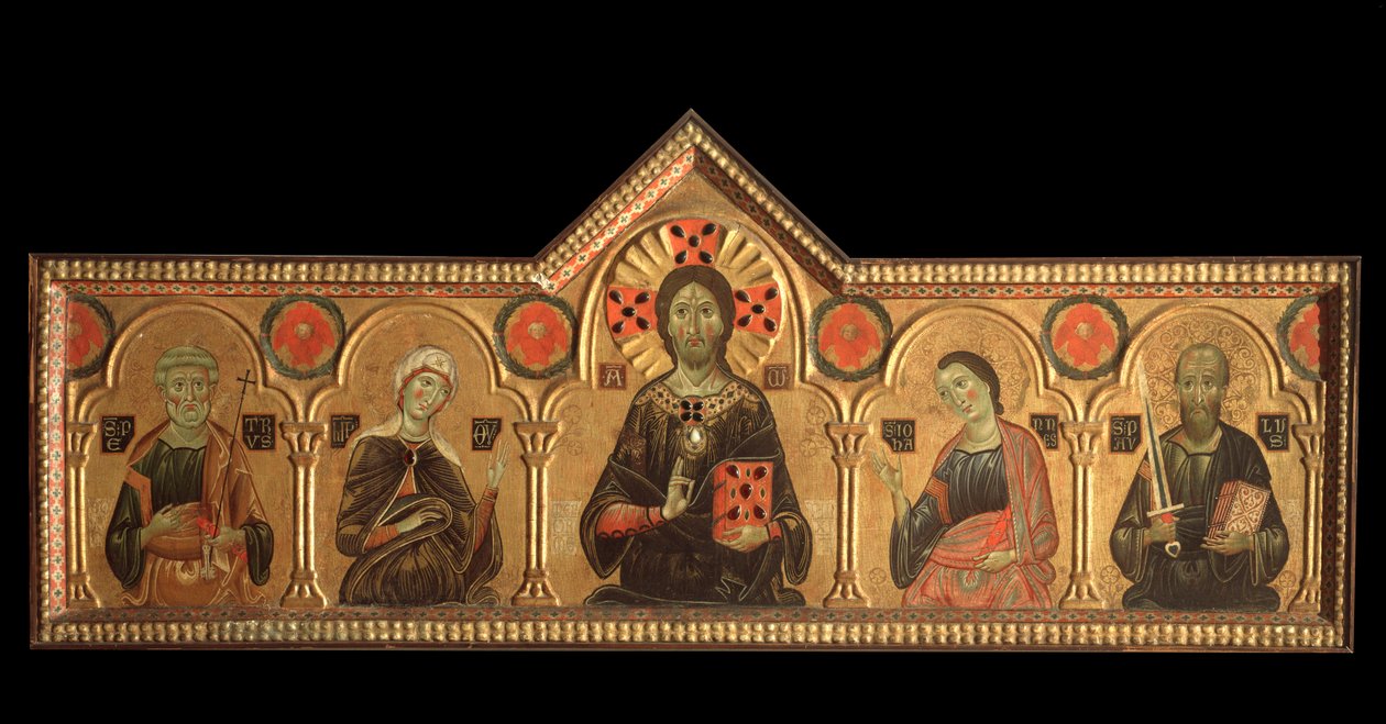 Polyptych مع الفادي والقديسين: الفادي (يسوع مع العذراء ، القديس بطرس ، القديس يوحنا الإنجيلي وسانت بول) - زيت على لوحة بواسطة جاكوبو دي ميليوري