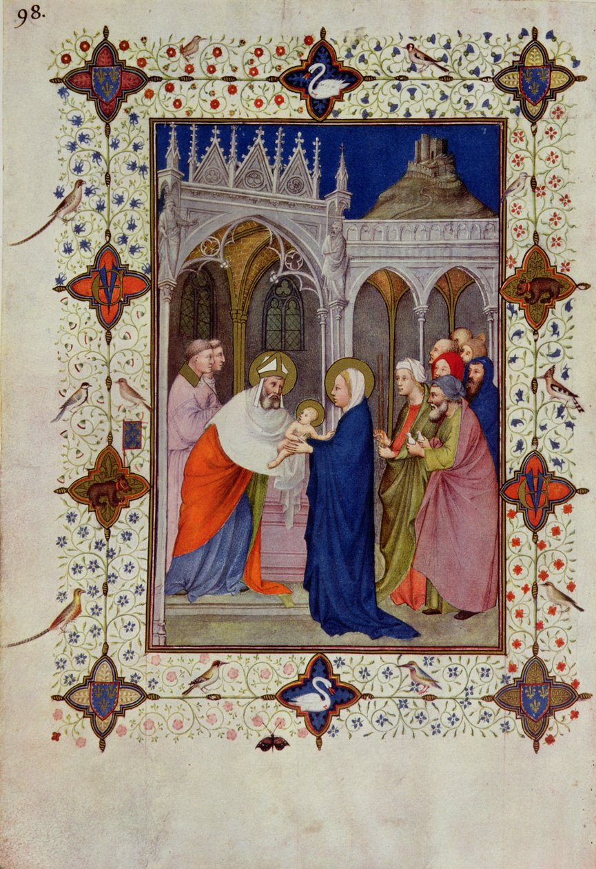 MS 11060-11061 ساعات من نوتردام: لا شيء ، العرض في المعبد ، من "Tres Riches Heures du Duc de Berry" بواسطة Jacquemart de Hesdin