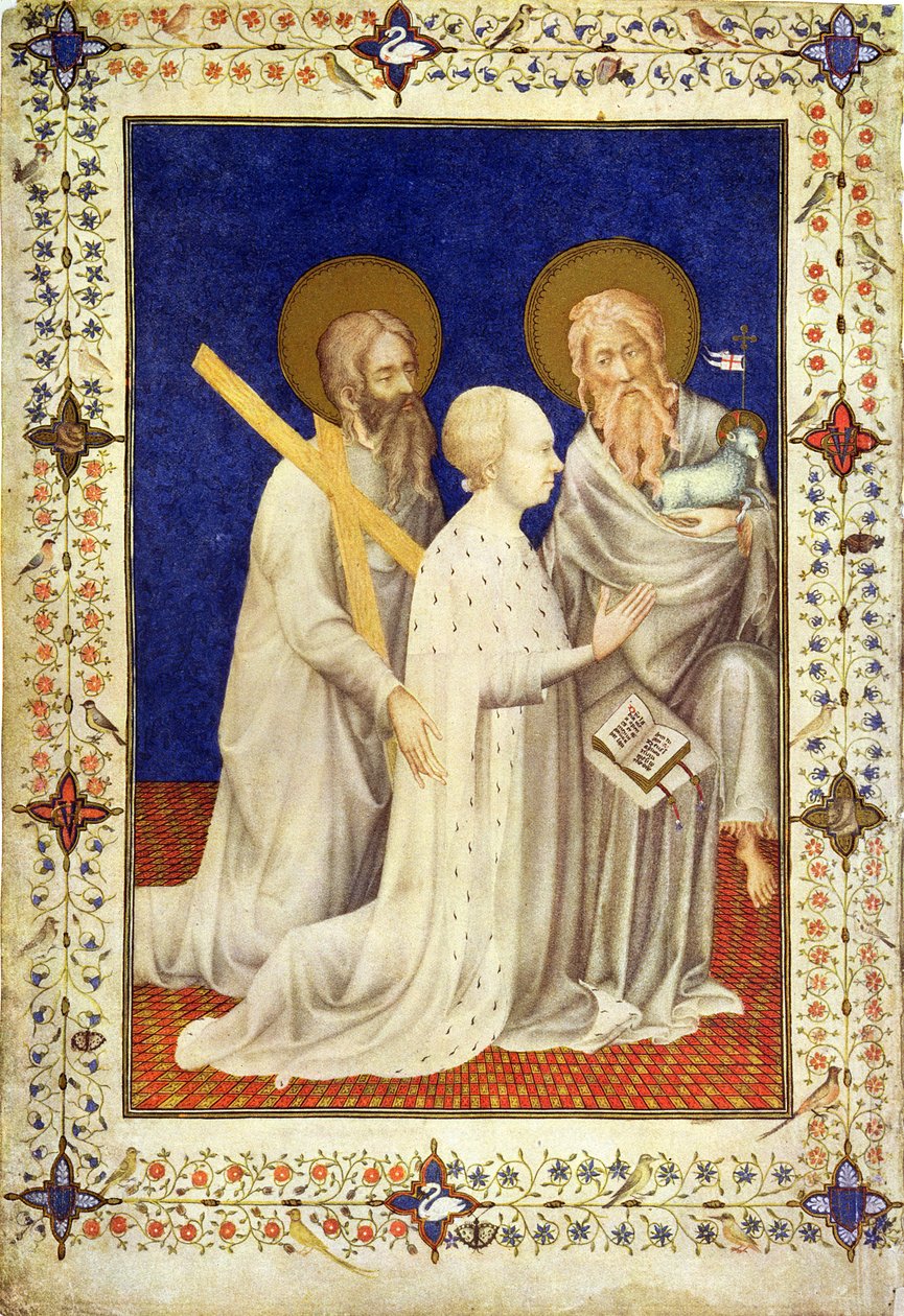 MS 11060-11061 جون ، دوك دي بيري على ركبتيه بين سانت أندرو وسانت جون ، الفرنسية ، من "Tres Riches Heures du Duc de Berry" بواسطة Jacquemart de Hesdin