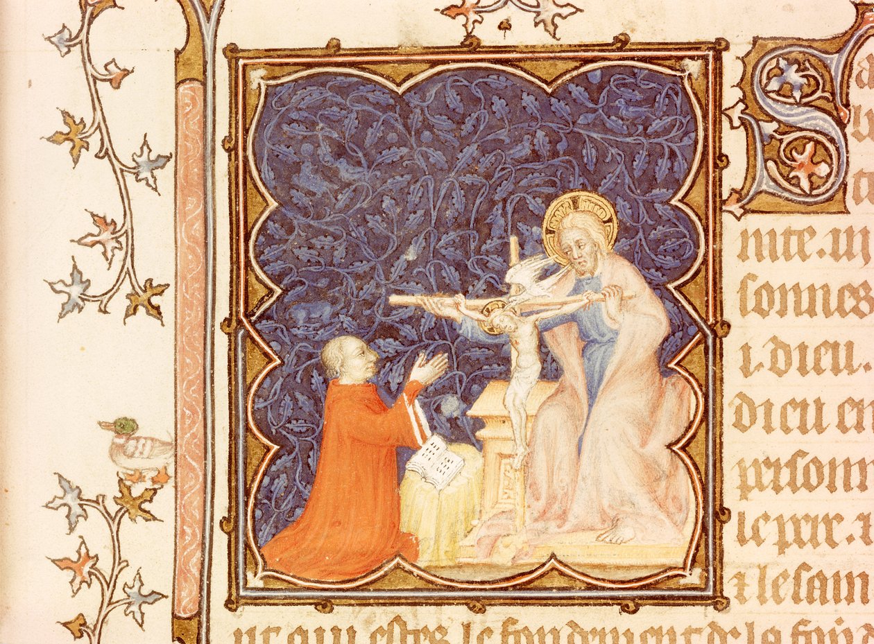 السيدة لات 18014 جان دي فرانس (1340-1416) دوق بيري الصلاة قبل المسيح المصلوب ، من Les Petites Heures de Duc de Berry ، c.1385-90 بواسطة Jacquemart de Hesdin