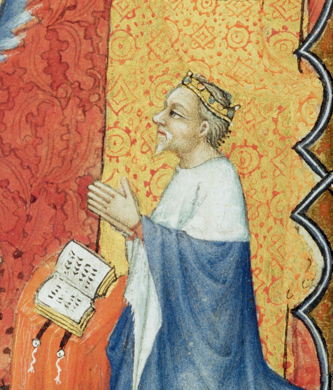 السيدة لات 18014 جان دي فرانس 1340-1416 دوق بيري يصلي أمام الأب الأبدي ، من Les Petites Heures de Duc de Berry ، c.1385-90 تفاصيل رقبة 159990 بواسطة Jacquemart de Hesdin