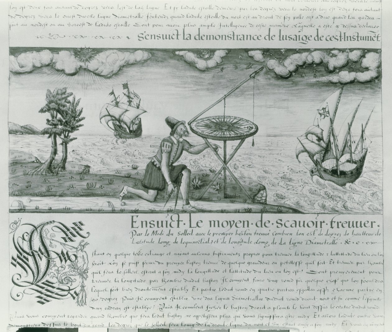 Ms Fr 150 fol.21r استخدام السداسي ، من "Les Premieres Oeuvres de Jacques De Vaulx Pilote en la Marine" ، 1583 (قلم وحبر وغسل على ورق) بواسطة جاك Devaulx