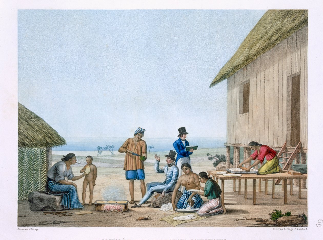 المهن المحلية ، Agagna ، Guam ، الفلبين ، من "Voyage Autour du Monde (1817-20)" بواسطة Louis Claude Desaulses de Freycinet (1779-1842) منقوش بواسطة Pomel ، نشر 1822-24 بواسطة جاك إتيان فيكتور أراغو