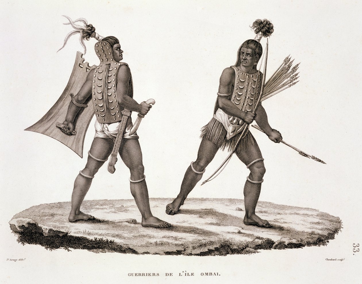 ووريورز من جزيرة أومباي ، من "فوياج أوتور دو موند" (1817-20) ، بقلم لويس كلود ديساولس دي فريسينت (1779-1842) ، نقشها شوبارد ، تم نشره 1822-24 بواسطة جاك إتيان فيكتور أراغو