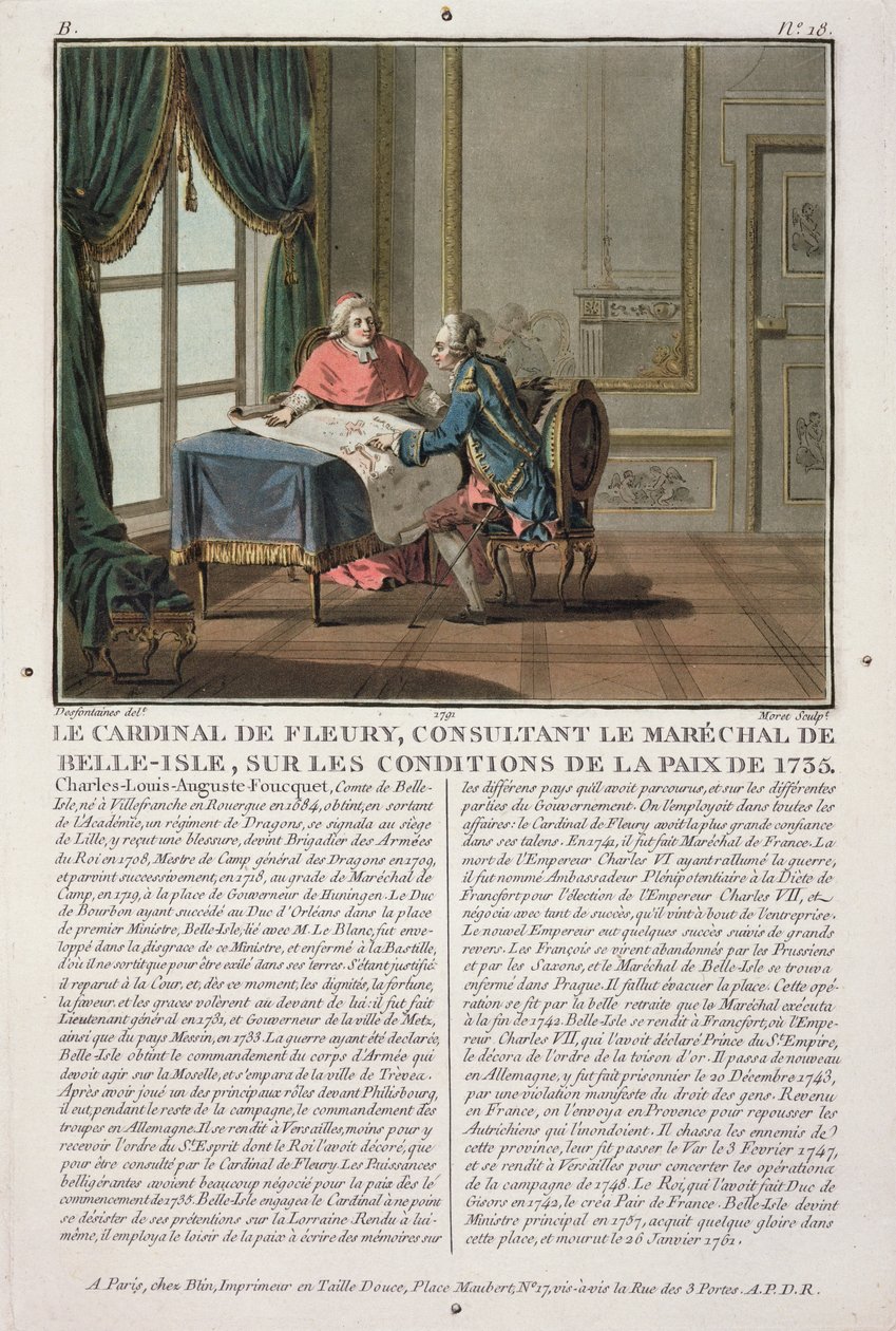 الكاردينال دي فلوري (1653-1743) يتشاور مع ماريشال دي بيل-آيل (1684-1761) حول شروط السلام ، 1735 ، منقوش بواسطة جان بابتيست موريت (fl.1790-1820) ، 1791 بواسطة جاك فرانسوا جوزيف سويباخ