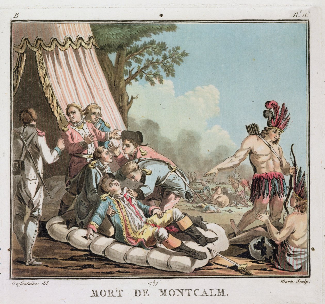 وفاة لويس جوزيف دي مونتكالم في حصار كيبيك ، 1759 ، منقوش بواسطة جان بابتيست موريت (fl.1790-1820) ، 1789 (الليثو الملون) (انظر أيضًا 139883) بواسطة جاك فرانسوا جوزيف سويباخ