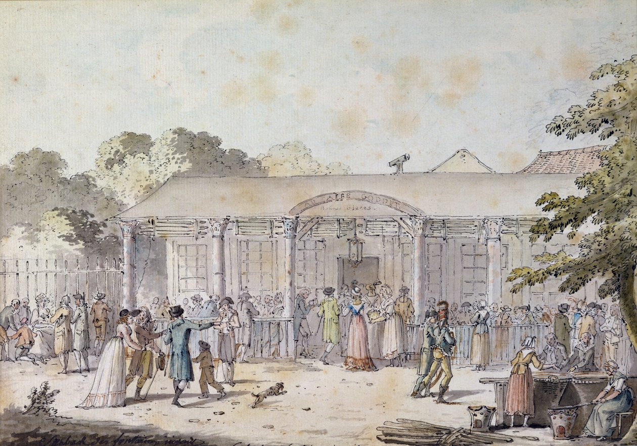 The Cafe Goddet، Boulevard du Temple، at the Time of Consulat، 1799-1804 (pen und ink and wc on paper) بواسطة جاك فرانسوا جوزيف سويباخ
