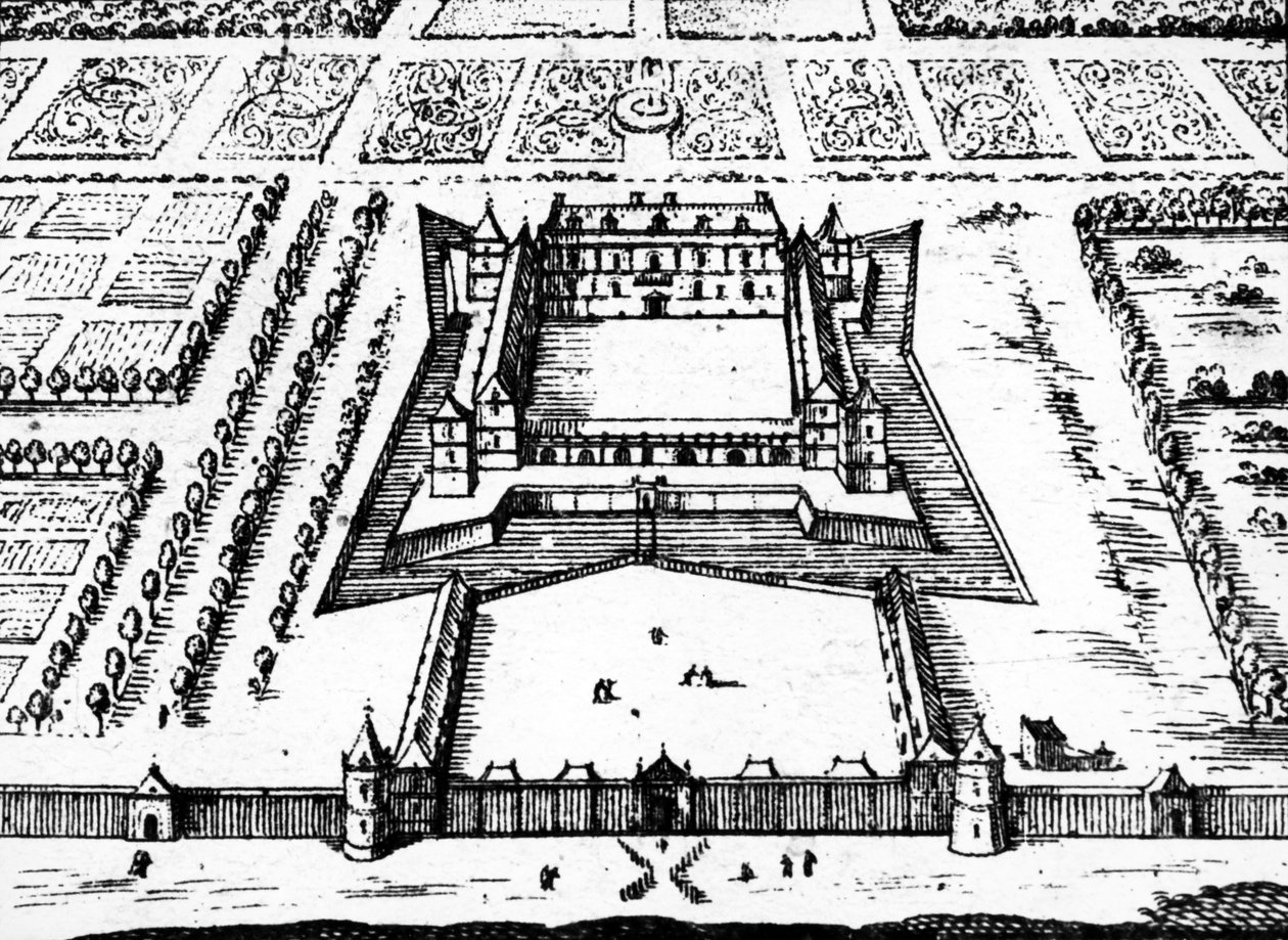 منظر لنزل الصيد الملكي في فرساي كما كان في أواخر 1620 و 1630 ، تم بناؤه للملك لويس الثالث عشر ، 1652 بواسطة جاك جومبوست