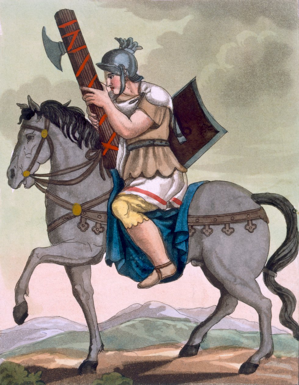 قاتل عسكري لسلاح الفرسان ، حامل الأواني ، رسم توضيحي من `` L&39;Antique Rome &39;&39; ، منقوش بواسطة Labrousse ، نشر 1796 بواسطة جاك غراسيت دي سانت سوفير