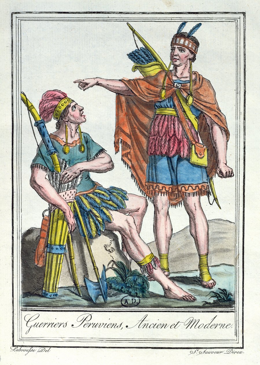 محاربو بيرو القديمون والحديثون ، رسم توضيحي من "موسوعة الرحلات" ، نقشها لابرس 1796 بواسطة جاك غراسيت دي سانت سوفير