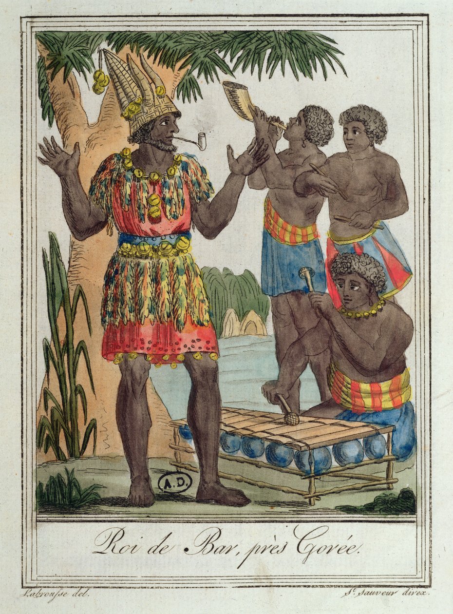 King of Bar ، بالقرب من Gorée ، السنغال ، من Costumes de Different Countries ، 1796 بواسطة جاك غراسيت دي سانت سوفير